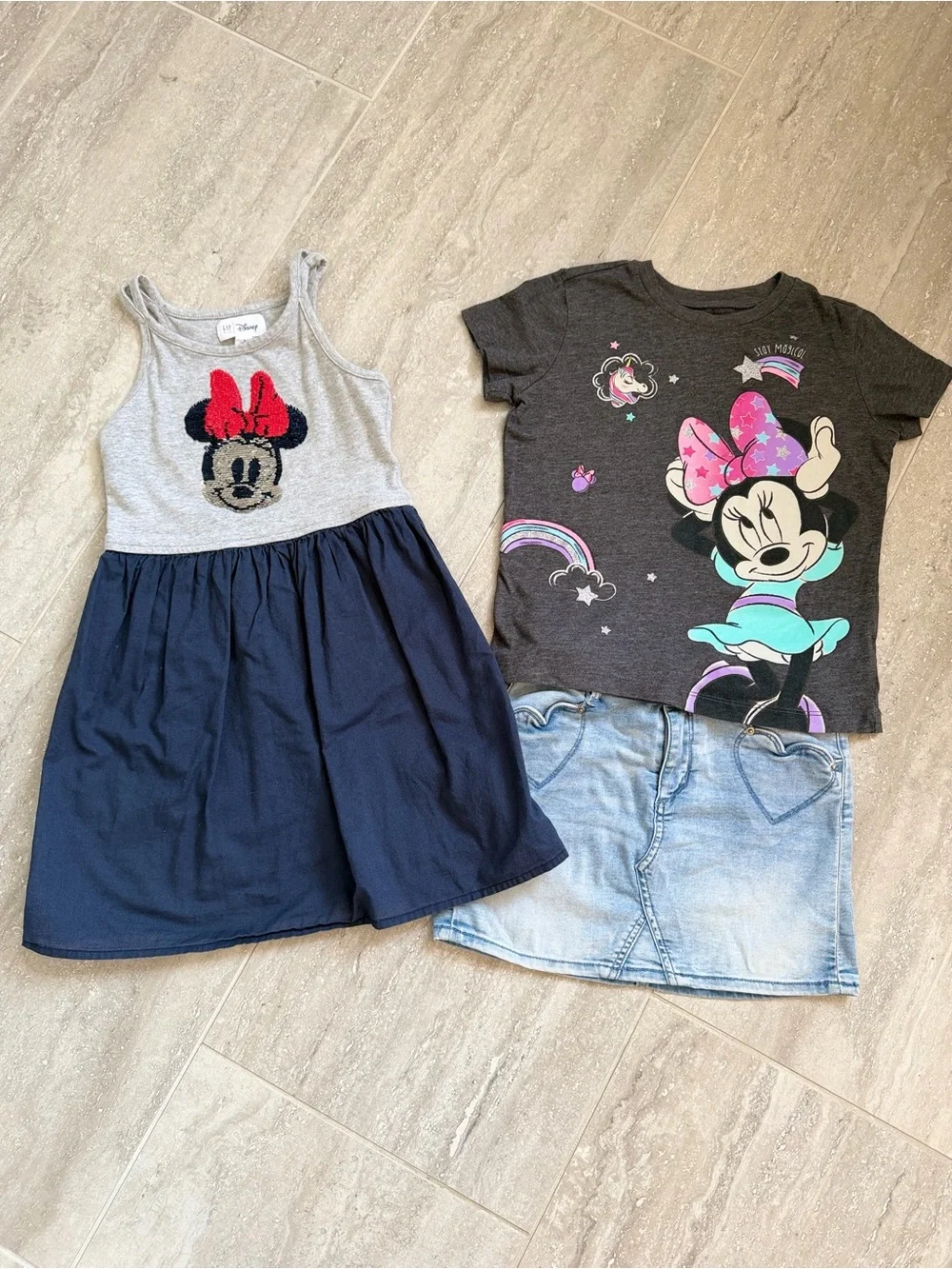 Girls Disney Bundle 6-7 GAP Minnie Sequin Dress H&M Heart Denim Skirt Tee
